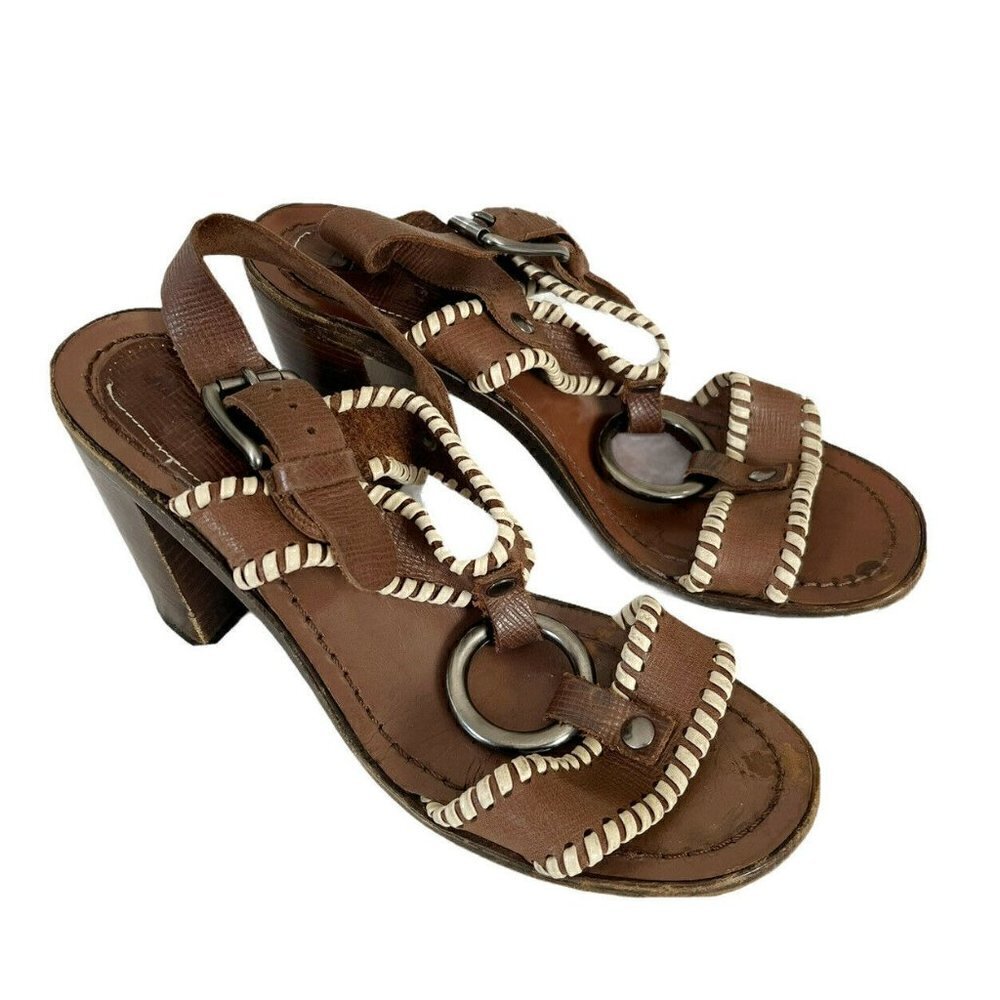 Marni Women's Sz 37.5 Brown Leather Wooden Sandals W/ Tan Whipstitch Detailing 7